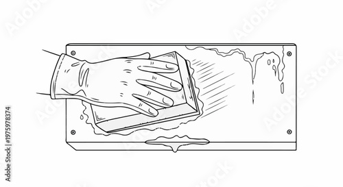 Hand in glove scrubbing a surface with a sponge, liquid dripping