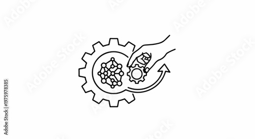 Hand inserting gear into network within large gear with rotation arrow
