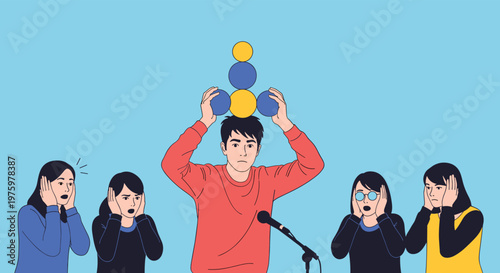 Determined man attempting to balance multiple blue and yellow balls on his head in front of an anxious and shocked audience.