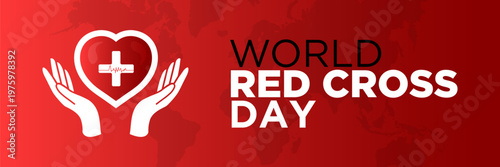 Minimal illustration for World Red Cross Day with helping hands and heart cross symbol, representing charity, medical care, and global support.