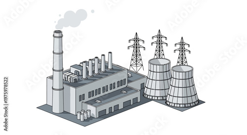 Industrial power plant with cooling towers and transmission towers illustration