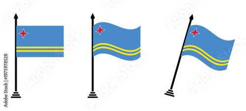 Aruba Flag on Black Flagpole Set Straight, Waving, and Inclined Vector Icons Isolated on White