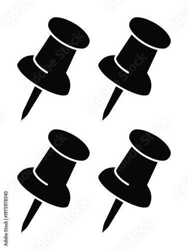 Black push pin icons set, flat vector thumbtack silhouettes for office supplies, 4 stationery map pins for notice boards and reminders