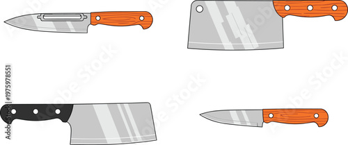 Kitchen Knife and Cleaver Set with Wooden Handles for Cooking, Butchery, and Culinary Tool Vector Illustration Designs