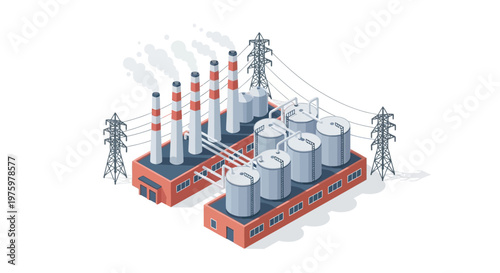 Industrial factory complex with power lines and storage tanks, representing energy production and manufacturing