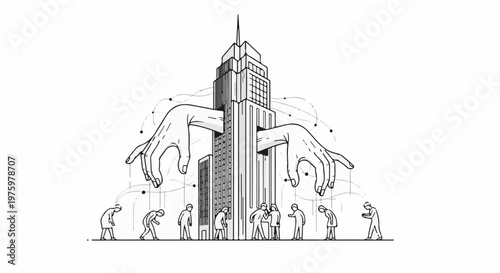 Giant hands manipulate a skyscraper and small figures below