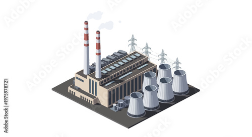 Isometric illustration of an industrial power plant featuring cooling towers and smoke stacks, symbolizing energy generation, infrastructure, and environmental impact