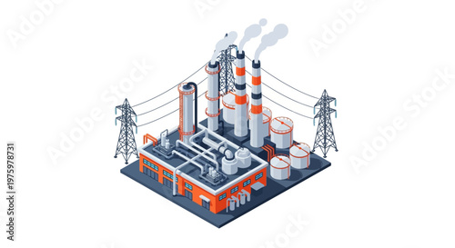 Isometric vector illustration depicting a modern industrial factory complex with smokestacks, power lines, and storage tanks, symbolizing manufacturing and energy production