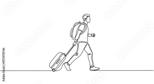 Man walking with luggage and backpack.