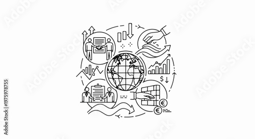Global business development, cooperation, finance, and market trends illustrated