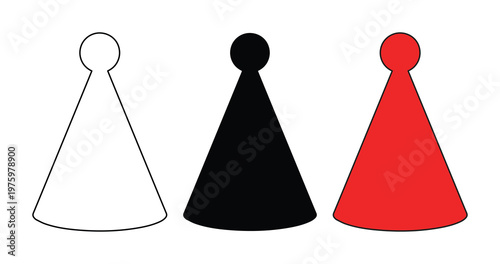 Minimalist board game pieces vector, set of three plastic game pawns in white black and red, flat tabletop gaming icons for strategy and competition