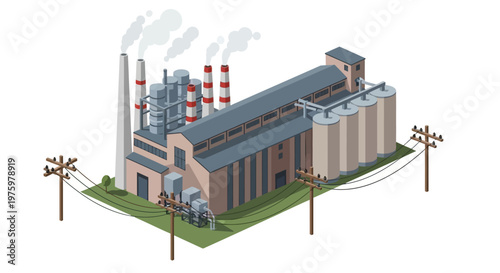 Industrial factory with silos and smokestacks emitting smoke, representing manufacturing and production processes