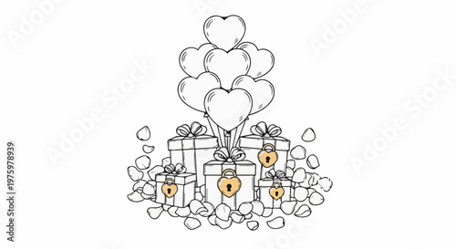 Heart-shaped balloons float above gift boxes secured with heart-shaped locks