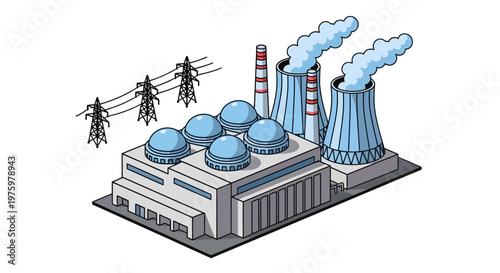 Industrial Power Plant with Cooling Towers and High Voltage Power Lines, an Isometric Illustration