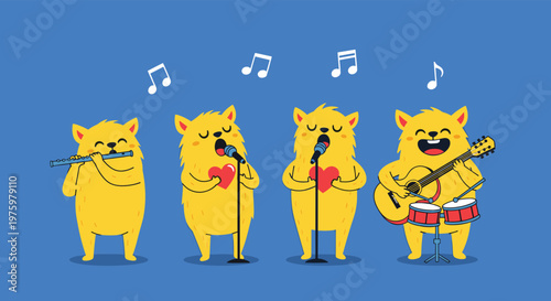 Whimsical illustration of a musical band featuring four cute yellow furry creatures playing different instruments and singing with passion.