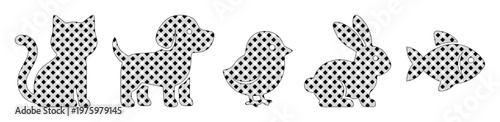 Checkered pet animal silhouettes set, black and white polka dot cat dog bird rabbit and fish icons, 5 vector elements for pet shop branding