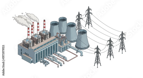 Isometric illustration of an industrial power plant with cooling towers, chimneys, and high-voltage electricity pylons, for energy generation and distribution