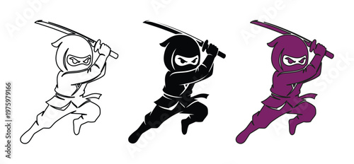 Ninja warrior cartoon character set, 3 vector ninja icons with katana swords, black and purple shinobi assassin mascot for gaming and sports logos