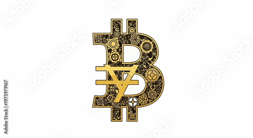 Golden intricate Bitcoin symbol with gears and mechanical details