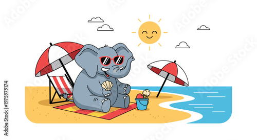 Happy cartoon elephant relaxing at the beach on a sunny day with sunglasses, beach chairs, umbrellas, and a bucket of ice cream treats.