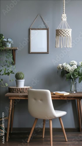 Cozy desk area with neutral tones and minimalist decor. Wooden table holds a vase of white flowers and small potted cactus. White chair with tapered legs sits beside the table