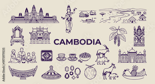 Tableau sur toile cambodia landmarks and temple sketches, hand drawn phnom penh doodles, aesthetic