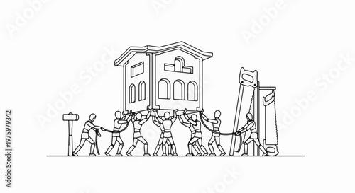 Figures carry a house with tools nearby