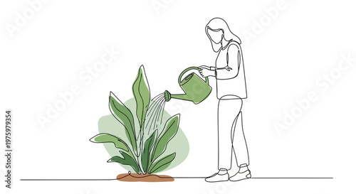 Woman watering green house plant.