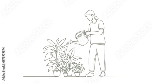 Woman watering plants in pots.