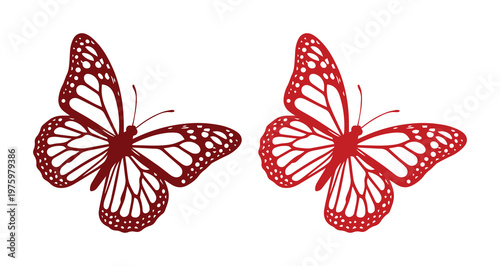 Red monarch butterfly vector silhouettes, elegant butterfly wing patterns in dark and bright red, decorative insect clip art for nature design