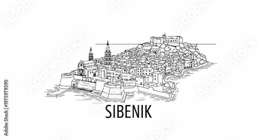 Hand-drawn sketch of a coastal city with dense buildings, fortresses, and spires on a hillside