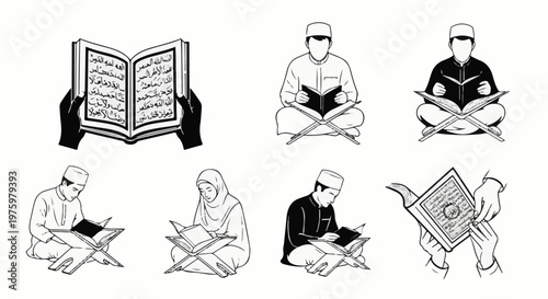 Figures reading holy books on stands, hands holding open texts