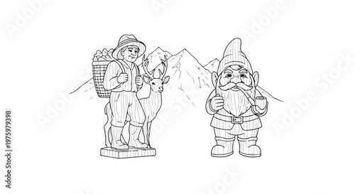 Figures of a farmer with a deer and a gnome before mountains