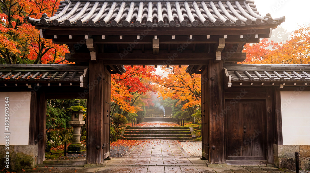Fototapeta premium Kyoto Temple Gate Framing Autumn Maple Foliage Path with Stone Lantern