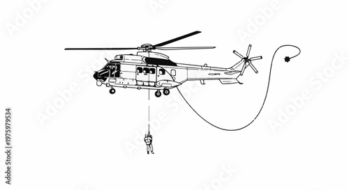 Helicopter rappelling a person down on a cable with rotor blades spinning