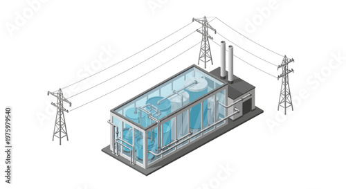 Isometric view of an industrial processing plant with tanks, connected to power lines and an electrical grid, representing energy infrastructure