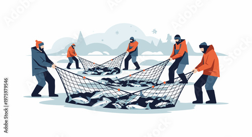 Fishermen in winter wear haul heavy nets full of fish from icy waters