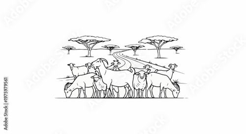 Herd of sheep and goats grazing on a grassy plain with trees