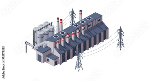 Industrial power plant with tall smokestacks and electricity transmission towers, modern energy production facility