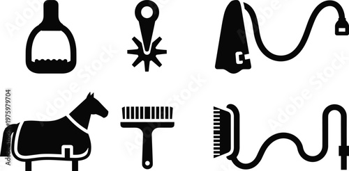 Horse grooming accessories silhouette vector icon collection featuring brush curry comb hoof pick clipper lead rope and stable care tools arranged in grid layout isolated on white background