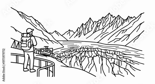 Hiker observes a mountain train and vast glacial landscape
