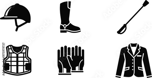 Horse riding equipment silhouette vector icon collection featuring helmet boots riding crop safety vest gloves and equestrian jacket arranged in grid layout isolated on white background