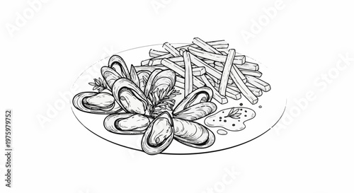 Hand-drawn sketch of a plate of mussels and fries with sauce