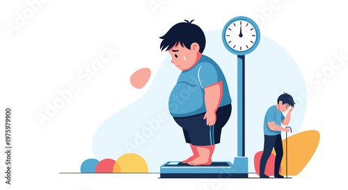 Sad overweight boy standing on a weight scale with a skinny silhouette and a walking person in the background representing a health journey.