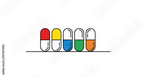Five colorful pills lined up on a white background