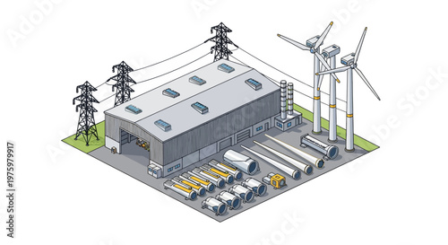 Industrial facility for producing wind turbines, including a factory building, towers, and rotor blades, against a backdrop of power lines and sky