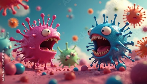 Funny cartoon viruses with big mouths, sharp teeth seem to arguing shouting at. Microbes scatter across pink ground under blue sky with clouds. Cute angry germ characters express strong emotions.