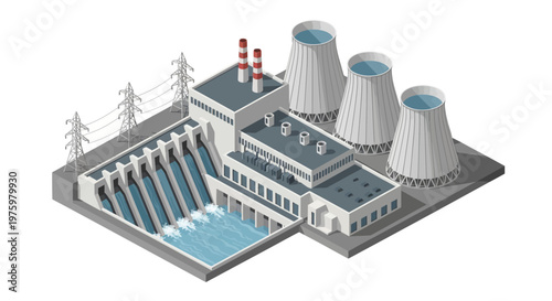 Isometric vector illustration of a modern industrial power plant complex, featuring a hydroelectric dam and cooling towers, representing energy generation and essential infrastructure