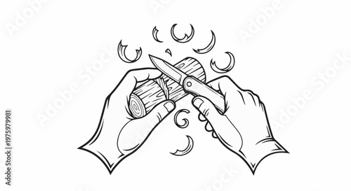 Hands carving wood shavings with a knife