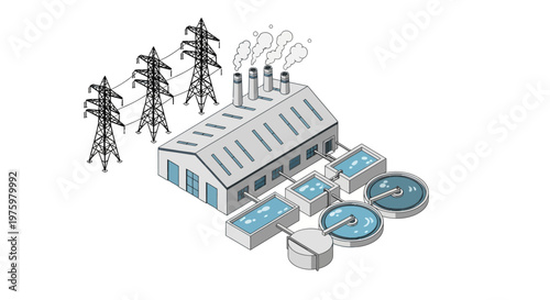 Industrial plant with power lines and water treatment tanks, symbolizing energy and environmental management